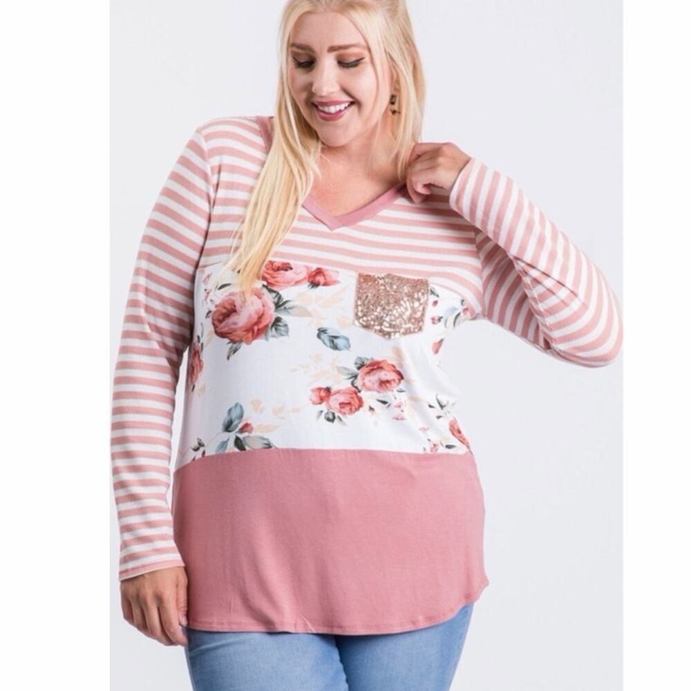 Hayley & Co. Pink Floral Color Block Long Sleeve Top 1XL